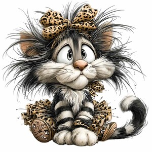May include: A cartoon illustration of a cat with a surprised expression. The cat has black and white striped fur, a leopard print bow, and a matching skirt. The cat is sitting down with its tail curled.