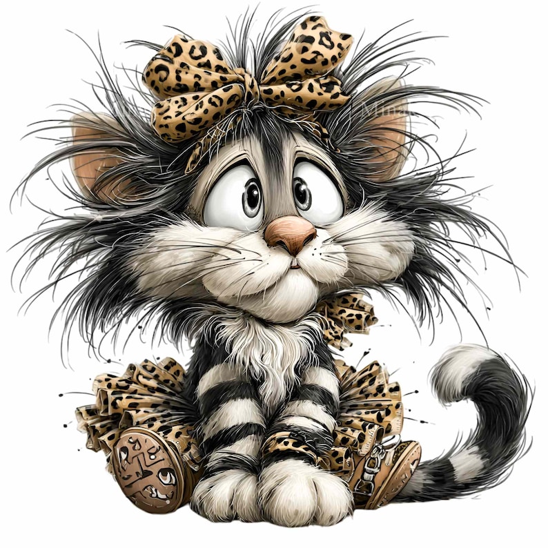 May include: A cartoon illustration of a cat with a surprised expression. The cat has black and white striped fur, a leopard print bow, and a matching skirt. The cat is sitting down with its tail curled.