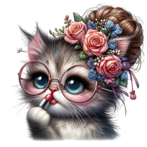 Adorable chat avec des fleurs et des lunettes Digital Clipart 10 PNG - Illustration de mignon chaton avec rouge à lèvres et noeud