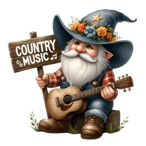10 imágenes PNG de gnomos de música country con guitarra, sombrero de vaquero y decoración floral para arte mural rústico, sublimación y manualidades musicales.