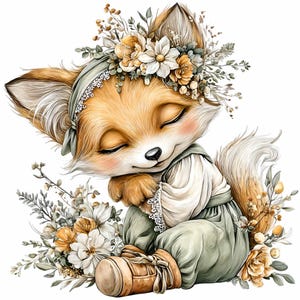 May include: A whimsical illustration of a fox cub with closed eyes, wearing a floral crown and a green outfit. The fox is surrounded by flowers and foliage, creating a serene and charming scene.