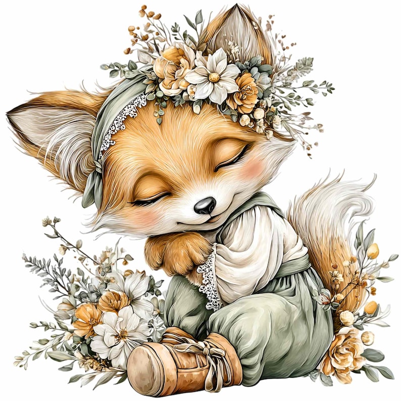 May include: A whimsical illustration of a fox cub with closed eyes, wearing a floral crown and a green outfit. The fox is surrounded by flowers and foliage, creating a serene and charming scene.