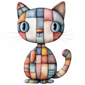 15 PNG Patchwork cat clipart – Colorful quilted cat PNG – Whimsical animal art for kids decor, crafts and sublimation projects