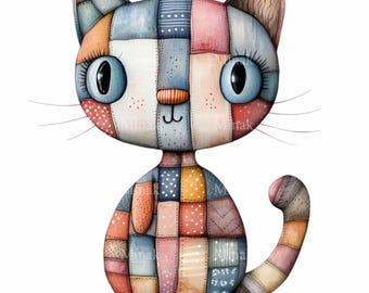 15 PNG Patchwork Katzen Clipart - Bunte gequiltete Katze PNG - Wunderliche Tierkunst für Kinderdekor, Basteln und Sublimationsprojekte