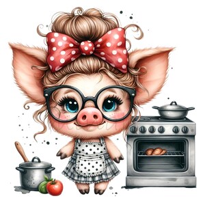 15 Cerdo cocinando PNG con gafas y lazo de lunares PNG Clipart, Descarga digital, Lindo arte de cocina