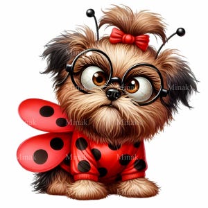 12 PNG Funny Dog Clipart in Ladybug Costume, Cute Cartoon Dog PNG, Dog with Glasses and Red Wings, Pet Halloween Decor