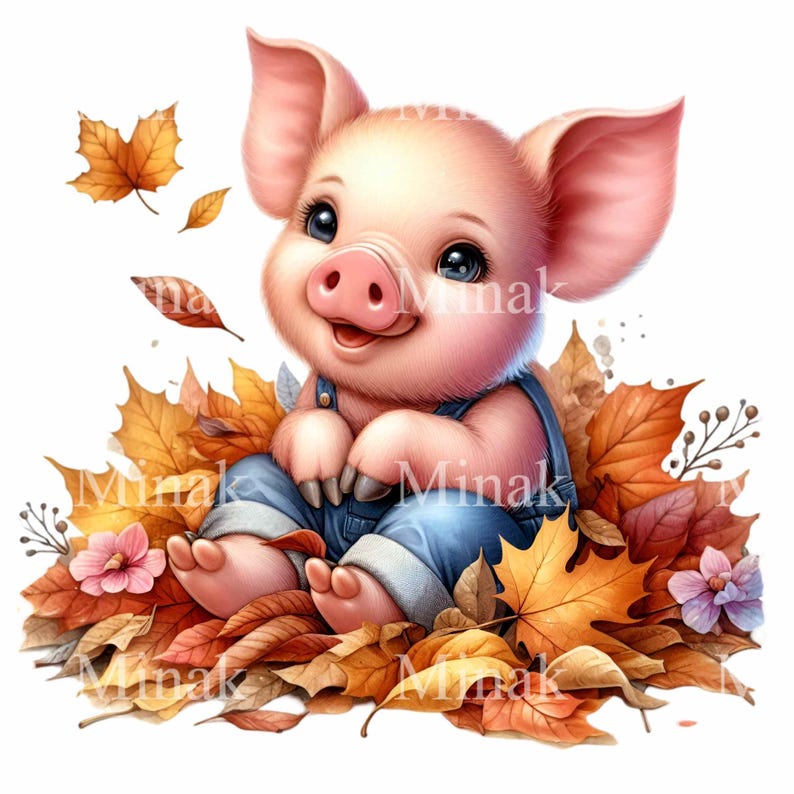 15 PNG Fall Pig Clipart, Autumn Leaves Piglet, Thanksgiving Animal ...