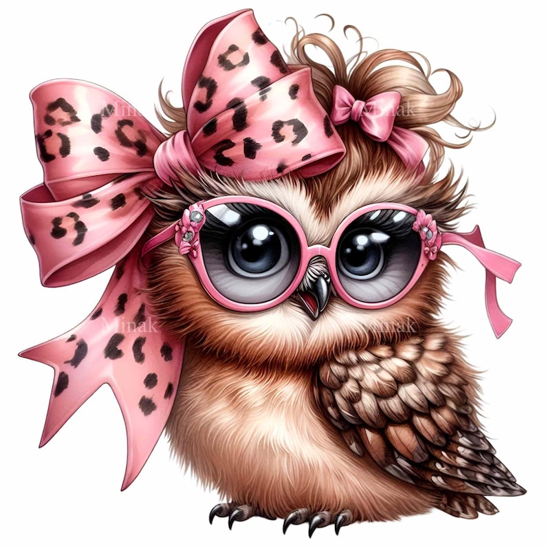 12 PNG Cute Owl With Pink Glasses and Leopard Bow PNG Clipart, Stylish ...
