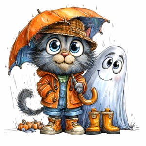 15 PNG engraçados de gatos e fantasmas clipart – Chuva de outono Halloween PNG – Amigos guarda-chuva fofos para adesivos de outono, artesanato infantil, decoração de festa