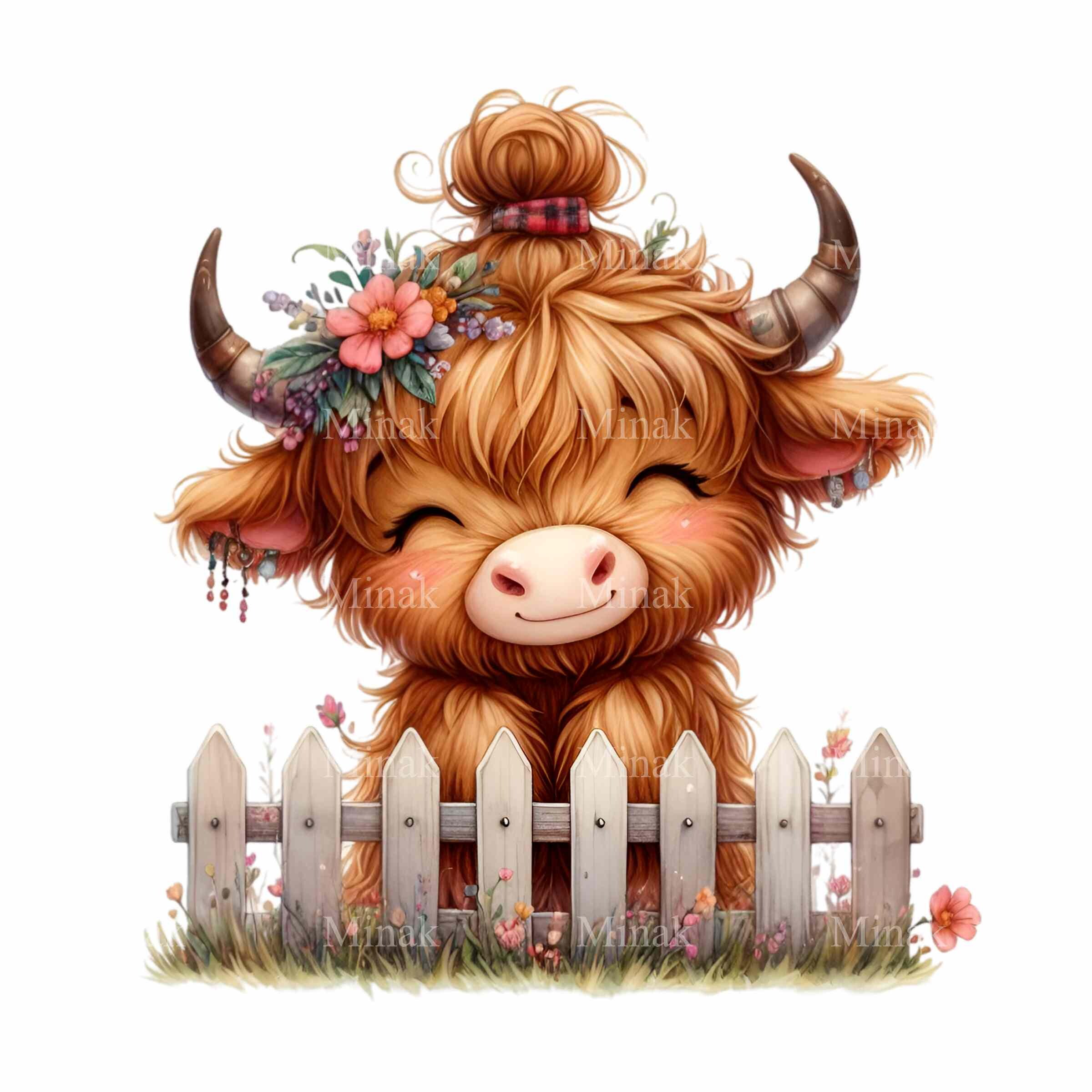 15 PNG Floral Highland Cow Clipart – Farm Animal Illustration With ...