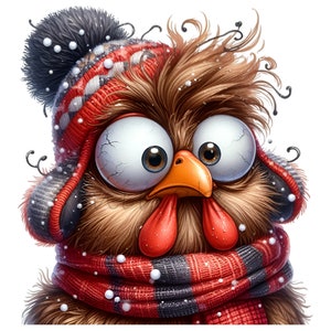 May include: A cartoon turkey with large, expressive eyes, wearing a red and gray knit hat and scarf. The turkey has brown feathers, an orange beak, and red wattles. Snowflakes are scattered around the turkey, suggesting a winter theme.
