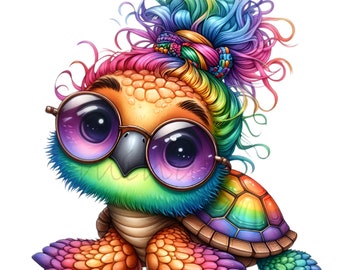10 PNG Rainbow Turtle Messy Bun Sublimation, Pride Sea Creature Glasses Clipart