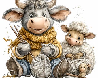 15 PNG Knitting Cow and Sheep Yarn Wool Crafter Graphic