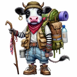 14 PNG vache randonnée clipart - Randonnée animal de ferme PNG - Graphique d'extérieur amusant pour les enfants, tasses, chambre de bébé à la campagne, décoration rustique