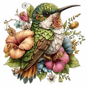 15 PNG tropiska fågel clipart – Kolibri PNG med blommor – Blomsterkonst för sommartryck, naturväggkonst, sublimering av fågelälskare