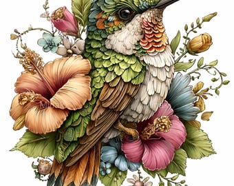 15 PNG Tropical bird clipart – Hummingbird PNG with flowers – Floral art for summer prints, nature wall art, bird lover sublimation
