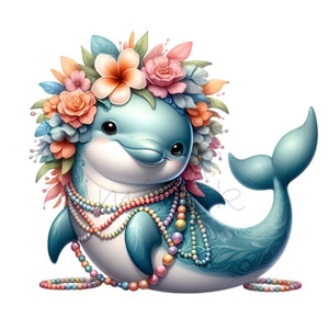 10 dauphins PNG Clipart - Couronne de fleurs et collier de perles Design - téléchargement numérique pour travaux manuels