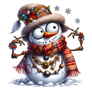 12 Schneemann PNG Clipart mit festlichem Hut, Perlen, Schmuck und rotem Schal | Süßer Feiertags-Winter-Charakter Download