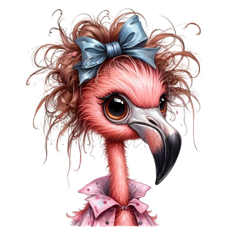 K&ouml;nnte beinhalten: Eine skurrile Illustration eines Flamingos mit rosa Gefieder, gro&szlig;en braunen Augen und einem langen Hals. Der Flamingo tr&auml;gt eine blaue Schleife und ein rosa Hemd mit Kragen und Tupfen. Das Kunstwerk hat einen Cartoon-Stil.