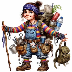 14 Clipart PNG Camping Girl : jeune campeuse aventureuse avec sac à dos, salopette et bâton de randonnée pour travaux manuels