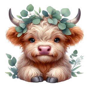 ハイランド牛のクリップアート PNG – 緑豊かなふわふわのかわいい子牛 14 頭、愛らしい農場の動物のイラスト、デジタル ダウンロード