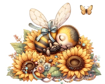 10 PNG-clipart med sovande bi, illustration av solrosblommor och djur, nyckfull digital konst för barnkammaren