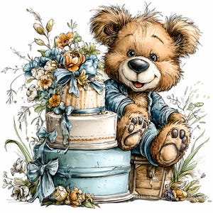 Peut inclure: Illustration à l'aquarelle d'un ours en peluche brun vêtu d'une veste en jean bleue, assis sur des boîtes à chapeaux bleu clair et un coffre en bois. Un gâteau à trois étages avec un ruban bleu et des compositions florales à gauche.