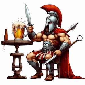 12 imágenes PNG de guerreros espartanos: jarra de cerveza, casco, espada, gladiador antiguo, escena de taberna, guerrero griego divertido (descarga digital)