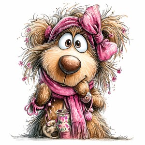 May include: A whimsical cartoon illustration of a dog with big eyes, wearing a pink scarf, headband, and bow. The dog is holding a floral-patterned coffee cup. The dog has brown fur and is adorned with small pink flowers.