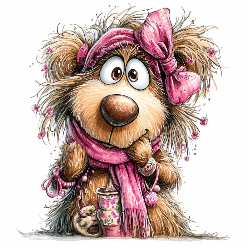May include: A whimsical cartoon illustration of a dog with big eyes, wearing a pink scarf, headband, and bow. The dog is holding a floral-patterned coffee cup. The dog has brown fur and is adorned with small pink flowers.