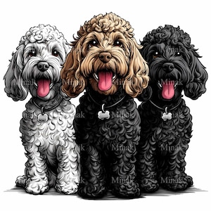 12 Three Adorable Poodles PNG Clipart, Digital Download, Cute Dog Trio PNG Illustration with Fluffy Coats