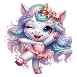 12 PNG Ballett Einhorn Clipart - Niedliches tanzendes Einhorn PNG - Pastell Regenbogen Baby Kunst für Kinder Party Dekor, Mädchen Geburtstag, Kinderzimmer Basteln