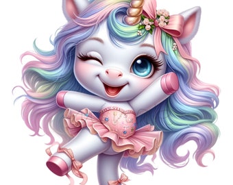 12 imágenes prediseñadas de unicornio de ballet PNG: lindo unicornio  bailando Arte de bebé arcoíris pastel para decoración de fiestas