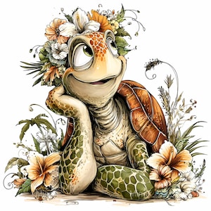 Peut inclure: Illustration fantaisiste d'une tortue souriante ornée d'une couronne florale, entourée de fleurs et de feuillage. La tortue a une carapace marron, une peau verte et beige, et repose sa tête sur son bras. Les fleurs sont dans les tons orange, blanc et jaune.