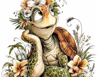 15 PNG Floral Schildkröte Clipart - Meeresschildkröte PNG mit Blumen - Meerestier Kunst für Strandliebhaber, Kindergarten Drucke, digitales Handwerk
