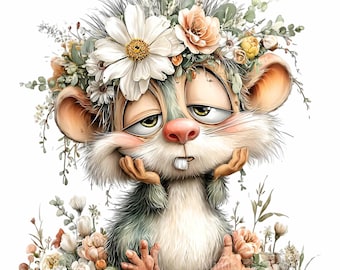 15 PNG Mürrische Maus, Blumenkrone Nagetier, Tier Clipart, Frühlingsgarten