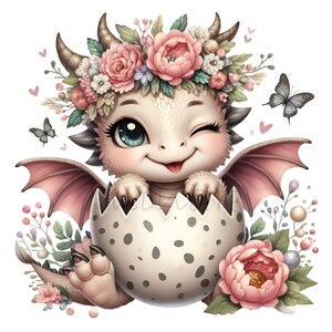 Winking Dragon 10 Baby Dragon PNG Clipart – Cute Winking Dragon in Egg With Floral ...