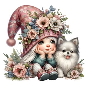 Schattige kabouter PNG, meisje met hond illustraties, 12 png afdrukbare illustratie, kaarten maken, cadeaukaartjes, scrapbooking, junk Journal, voor liefhebbers