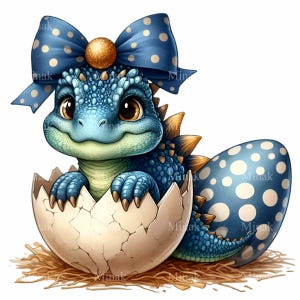 14 adorables dinosaurios bebés en huevo PNG Clipart. Adorable cría con lazo de lunares. Dulce ilustración prehistórica