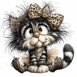 May include: A cartoon illustration of a cat with large eyes, wearing a leopard print bow, headband, and shoes. The cat has black and white striped fur, a pink nose, and is sitting with its legs crossed. The cat's shoes have a leopard print design.