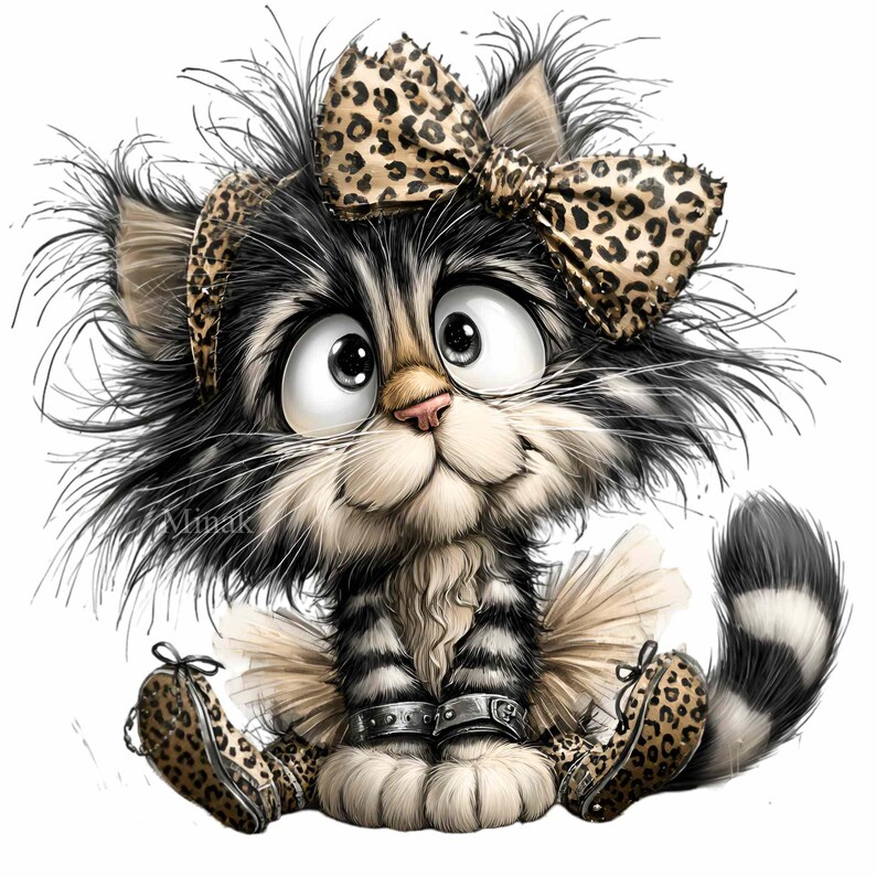 May include: A cartoon illustration of a cat with large eyes, wearing a leopard print bow, headband, and shoes. The cat has black and white striped fur, a pink nose, and is sitting with its legs crossed. The cat's shoes have a leopard print design.