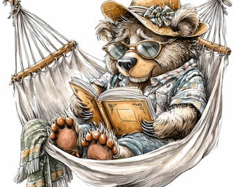 14 imagens PNG de ursos lendo, amantes de livros em redes, para sublimação.