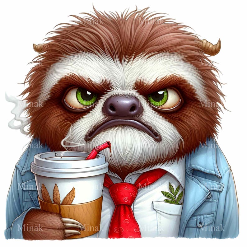 Grumpy Slothh 15 PNG Coffee Sloth Clipart, Messy Hair Morning Sleepy Animal - Etsy