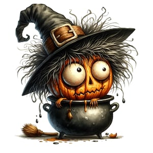 12 PNG Lustiger Halloween-Kürbis Clipart, Cartoon-Kürbis im Hexenkessel PNG, Gruseliger Kürbis mit Hut, Halloween-Dekor