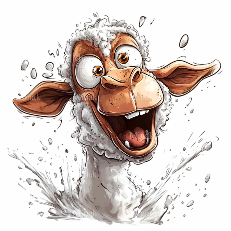 May include: A cartoon sheep with a white fluffy coat and brown ears is laughing with its mouth wide open. The sheep is surrounded by white splashes of water, as if it has just jumped into a pool.
