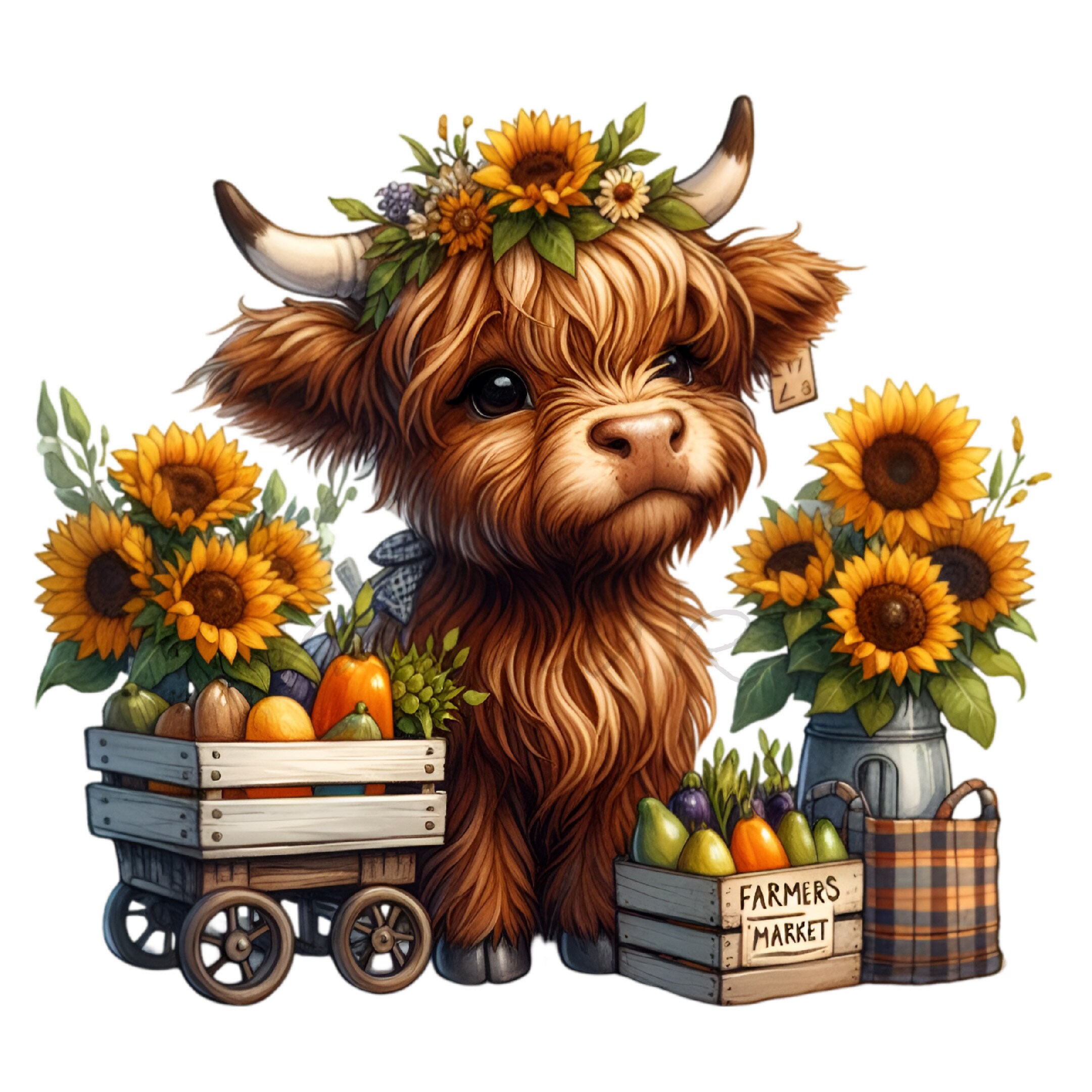15 PNG Highland Cow Clipart, Sunflower Farm Animal Illustration Rustic ...
