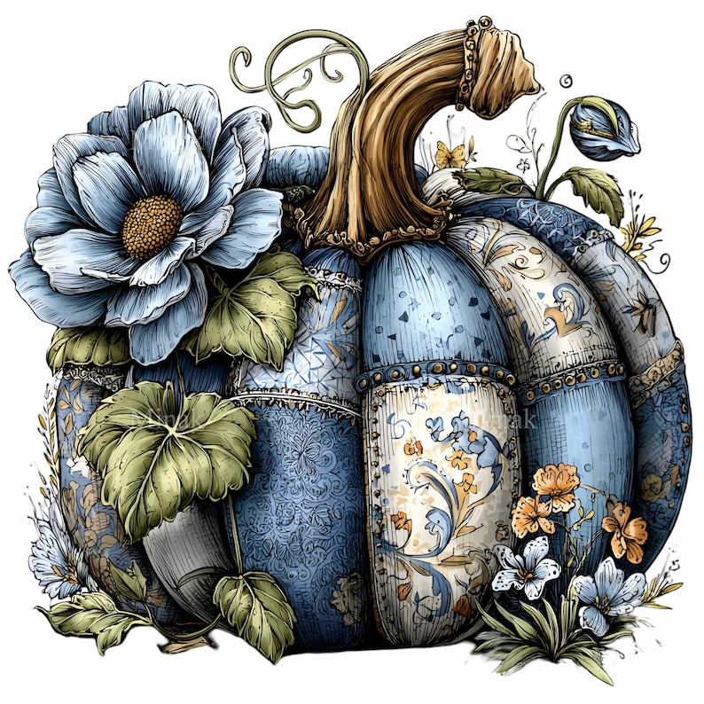 Puede incluir: Ilustraci&oacute;n de una calabaza decorativa con dise&ntilde;o floral azul. La calabaza presenta una mezcla de patrones azules y est&aacute; adornada con una gran flor azul, hojas verdes y peque&ntilde;as flores blancas y naranjas. El tallo es de color marr&oacute;n claro.