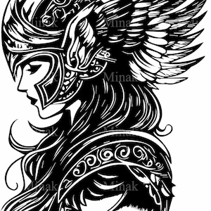 4 SVG Donna guerriera alata SVG, File di taglio di combattente femminile feroce, Clipart di elmo da battaglia fantasy per Cricut, Silhouette e taglio laser