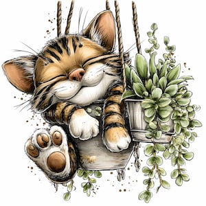 Könnte beinhalten: Eine Illustration einer lächelnden getigerten Katze in einem hängenden Blumentopf, neben einem weiteren Topf mit grünen Sukkulenten. Die Katze hat die Augen geschlossen und einen zufriedenen Gesichtsausdruck. Die Illustration verwendet weiche Schattierungen und Aquarelleffekte.