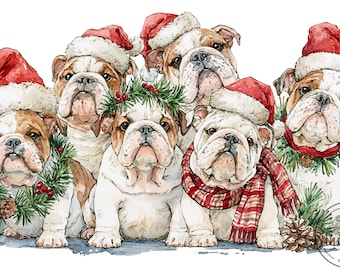 12 Bulldog Family With Santa Hat Png, Christmas Wreath Pinecone Sublimation Clipart